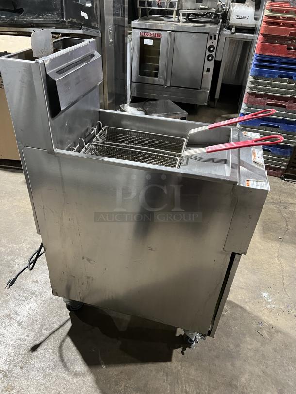 Vulcan PowerFry3 1TR45D-1 stainless steel natural gas fryer on casters, with fry basket, hanger, and backsplash. Model 1TR45D1.