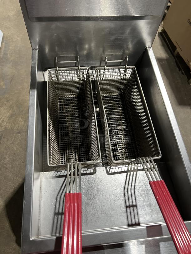 Vulcan PowerFry3 commercial fryer, model 1TR45D-1, with fry baskets and backsplash, stainless steel, on casters.