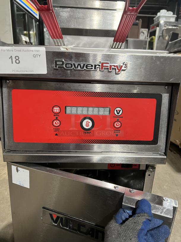Vulcan PowerFry3 1TR45D1 commercial stainless steel deep fryer, features fry basket, backsplash, and digital controls.