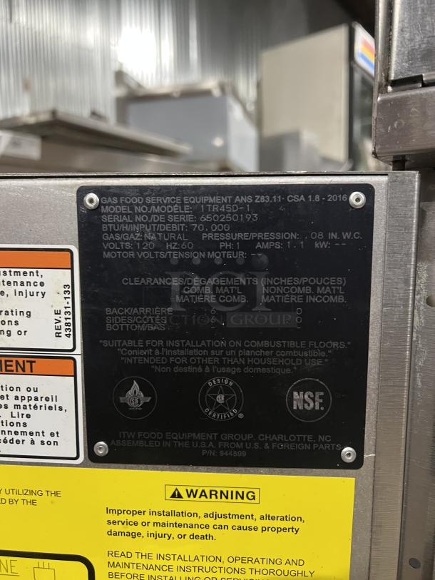 Vulcan PowerFry3 deep fryer plate showing model 1TR45D-1, serial 650250193, 120V, natural gas, NSF certified, on casters.