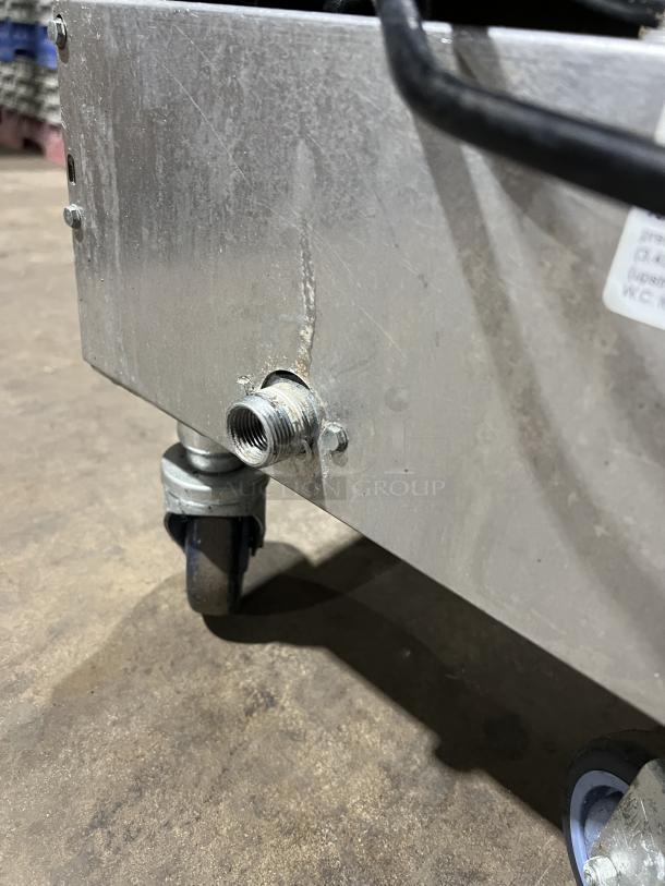 Vulcan PowerFry3 gas fryer Model 1TR45D1, stainless steel, on casters, visible valve and part of fryer base.