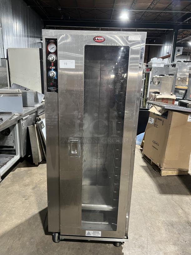FWE Commercial Stainless Steel Heated Holding/Proofing Cabinet, Model PH-1826-18, with built-in pan slides, on casters.