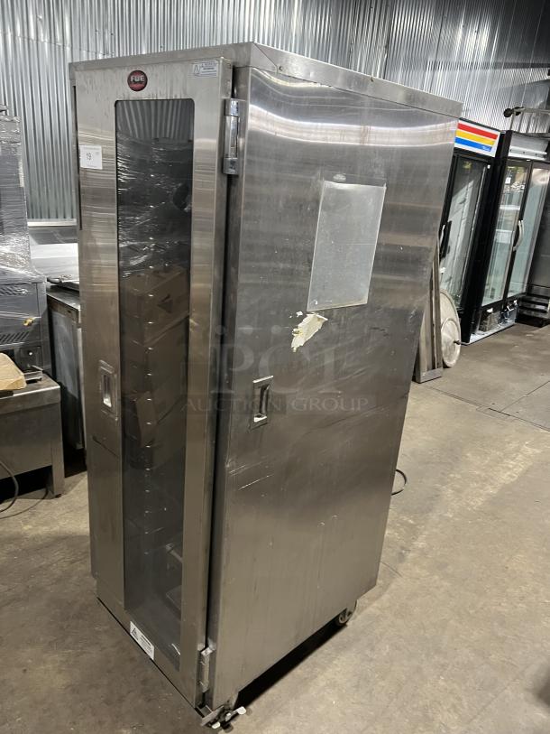 FWE Commercial Stainless Steel Heated Holding/Proofing Cabinet, Model PH182618, with built-in pan slides, on casters.