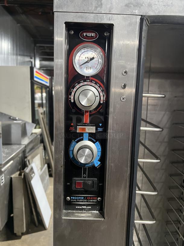 FWE Commercial Stainless Steel Heated Holding/Proofing Cabinet, Model PH182618, with pan slides, control panel, and casters.