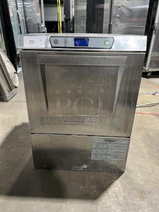 Hobart LXe Series commercial stainless steel undercounter dishwasher, electric powered, includes dish rack, visible control panel.