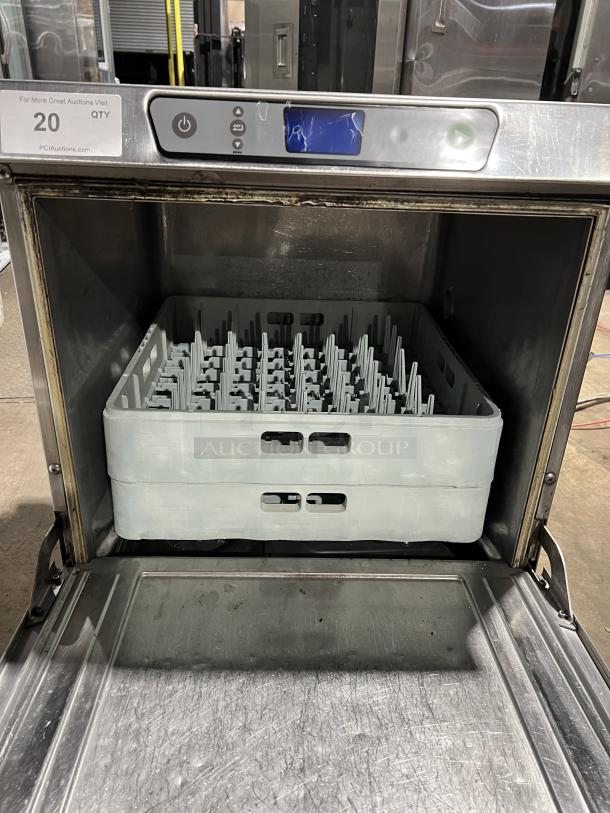 Hobart LXe stainless steel commercial undercounter dishwasher with dish rack. New body style, electric powered. Model: LXe.