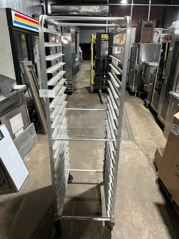 Commercial aluminum 20-pan sheet/bun pan rack on casters; heavy-duty, excellent condition, with label indicating item 22.