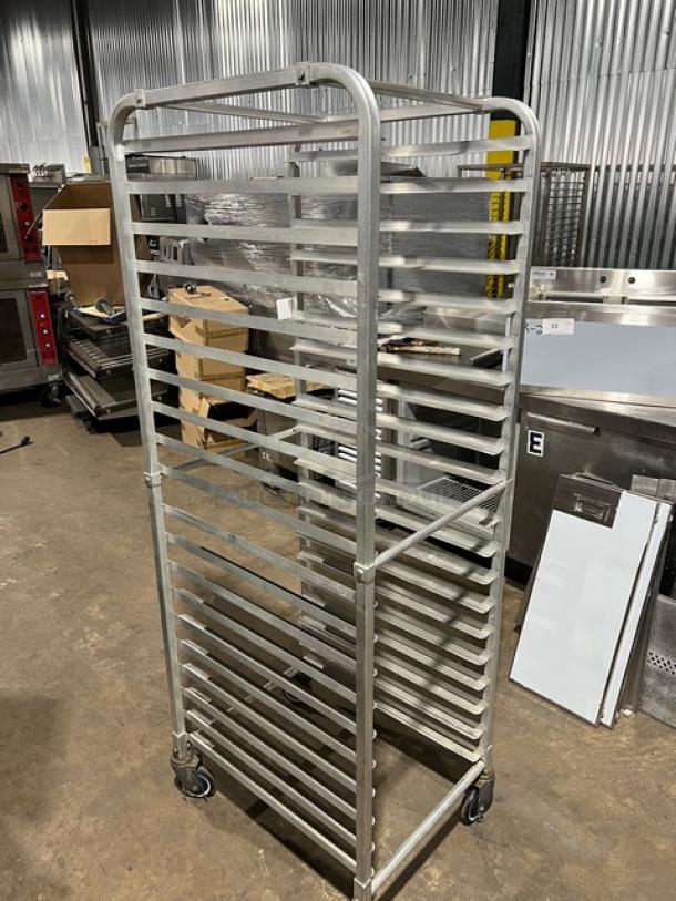 Commercial aluminum heavy-duty 20-pan sheet rack, on casters, galvanized finish. Ideal for bakery or kitchen use.