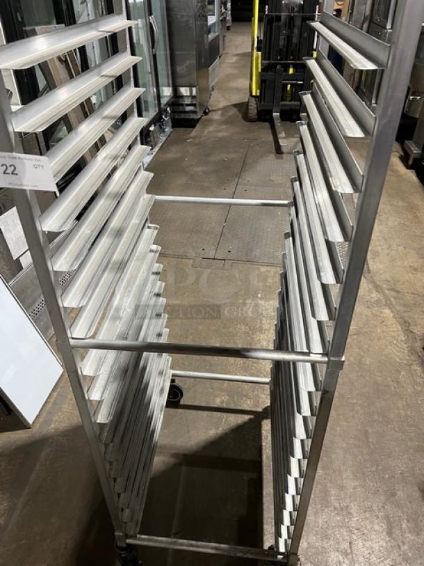 Commercial aluminum 20-pan sheet/bun pan rack on casters, heavy duty, excellent condition, industrial setting.