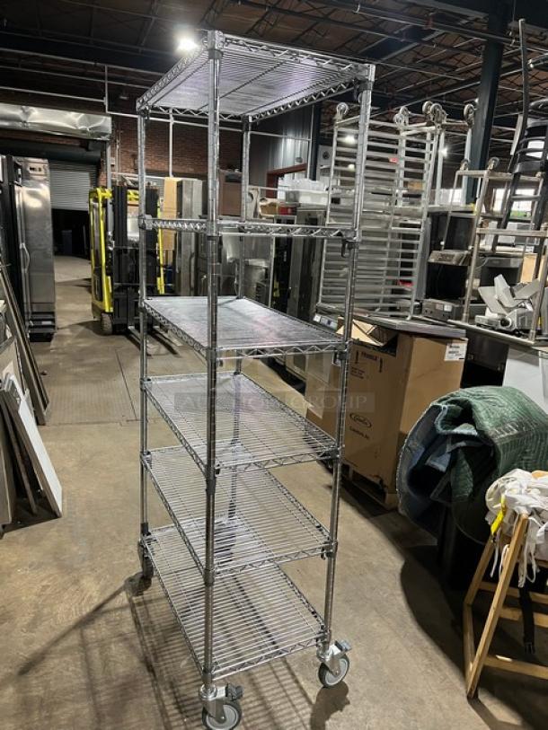 Metro Super Erecta Series chrome utility rack on casters, six-tier shelving, commercial-grade, excellent condition.