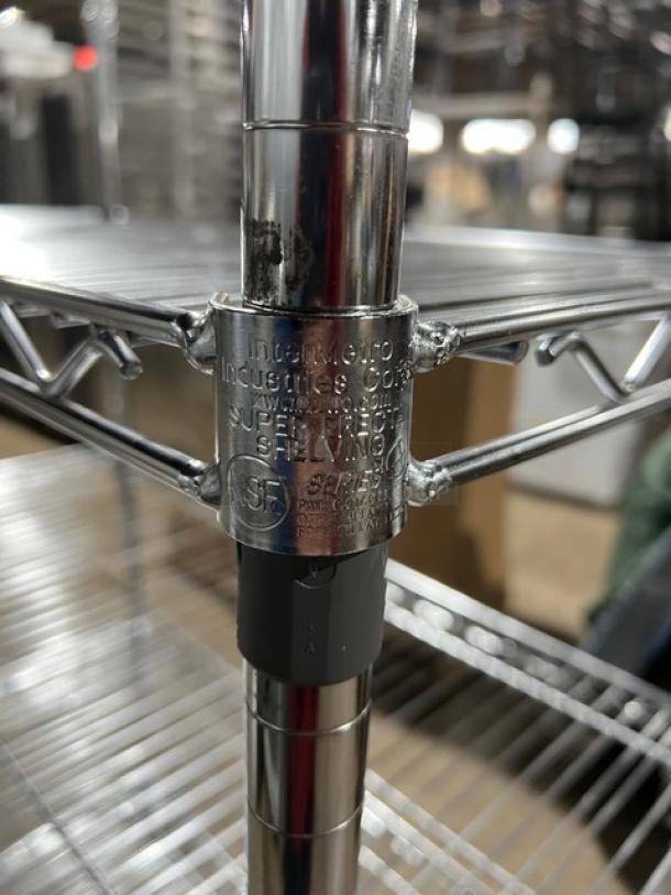 Metro Super Erecta Series chrome-plated multi-tier utility rack on casters, industrial-grade, visible label states model and NSF certification.