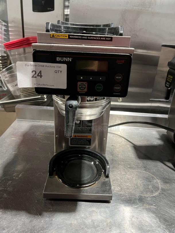 Bunn AXIOM-3 coffee brewer, stainless steel, 3 warming plates, heavy-duty brew basket, Model AXIOM-3, electric, commercial use.