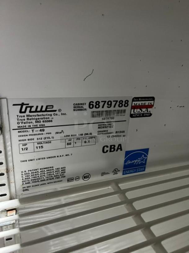 True T-49 Commercial Stainless Steel Refrigerator, Energy Star Certified, model T-49, SN: 6879788, on casters.