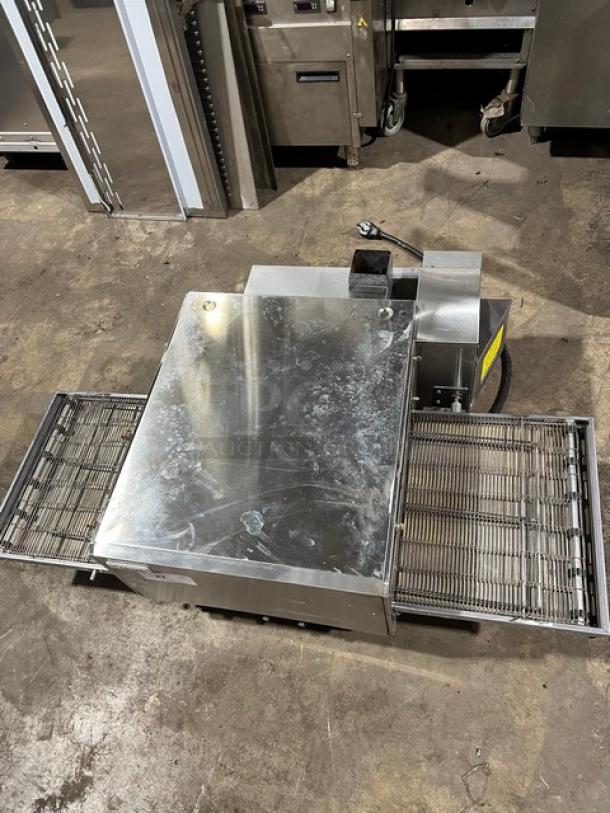 Lincoln 1301 commercial stainless steel electric conveyor oven, countertop model, on legs, 208V, 1 phase, used condition.
