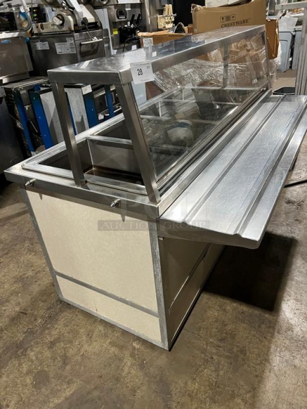 Atlas Metal WIHDM4 stainless steel steamtable, 4-well, sneeze guard, tray slide, dry cabinet, electric, on casters.