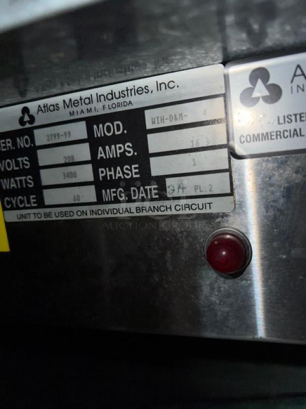 Atlas Metal WIHDM4 label, model WIH-D&M-4, SN: 2799-99, 208V 1 Phase, 3400 Watts, and manufacturing date marked as 2A PL2.