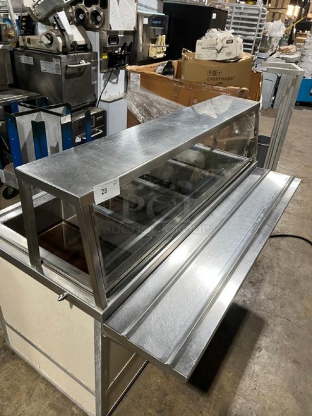 Atlas Metal custom stainless steel 4-well steamtable with sneeze guard, tray slide, dry cabinet storage, Model WIHDM4, 208V.