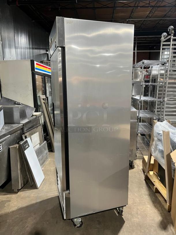 True T-23 stainless steel single door reach-in refrigerator, poly coated wire rack, SN: 1-3522772, on casters, 115V 1 phase.