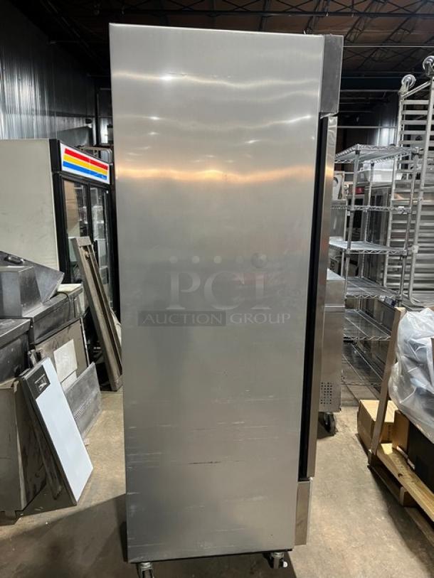True T-23 Stainless Steel Single Door Refrigerator, poly coated rack, model SN: 1-3522772, 115V, on casters, commercial use.