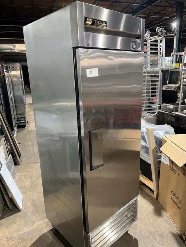 True T-23 commercial stainless steel refrigerator, single solid door, poly-coated wire rack, on casters, 115V 1 Phase.