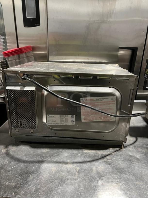 Amana RCS10TS stainless steel commercial microwave, 2021 model, stackable, digital controls, 120V, electric powered.