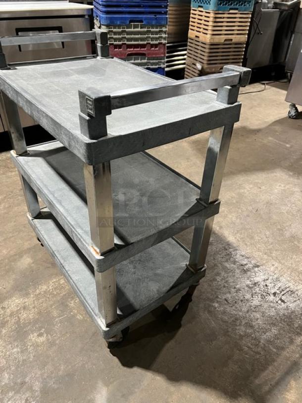 Commercial heavy-duty three-tier utility bus cart on casters, metal frame, light wear, ideal for restaurant use.