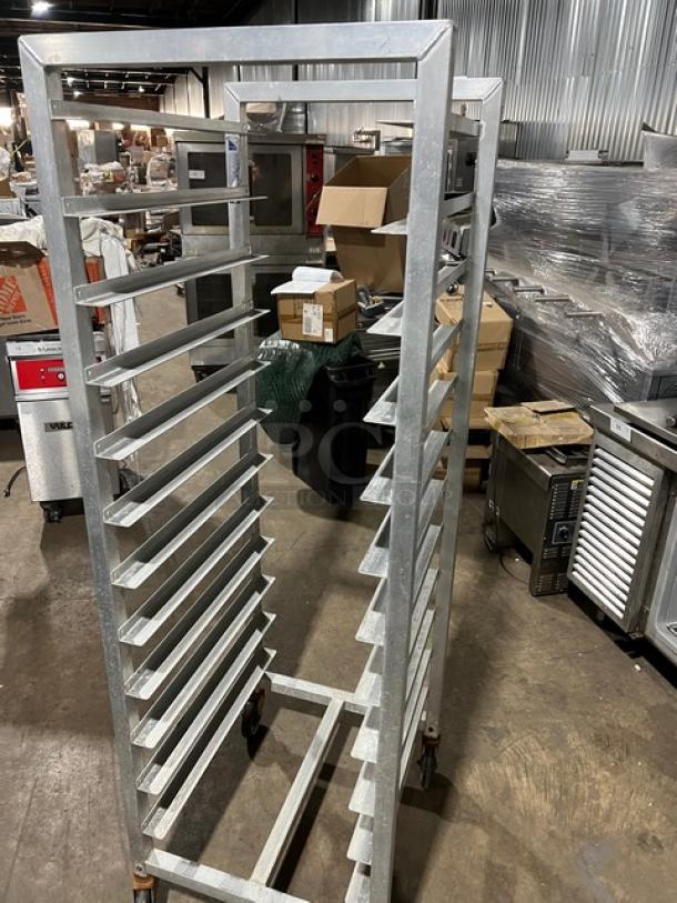 Alexander Industries commercial aluminum 12-pan sheet rack with casters, heavy-duty, excellent condition.