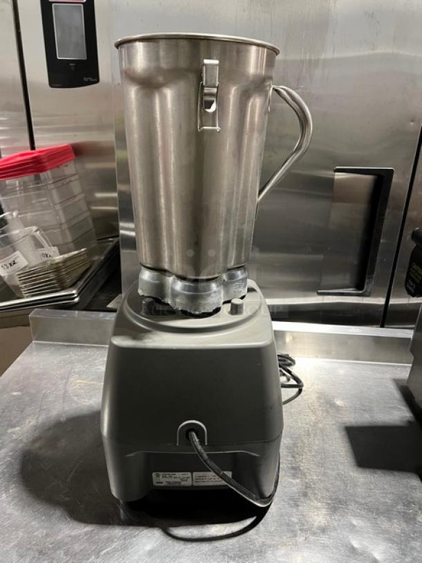 Waring CB15 commercial blender with 1-gallon stainless steel container, electric powered, on legs, model CB15, 120V.