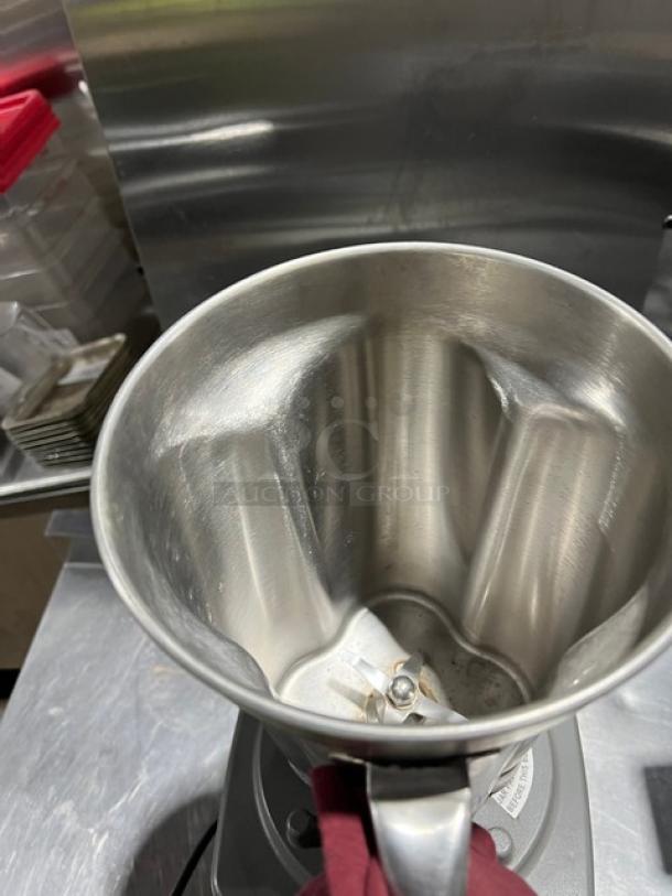 Waring CB15 commercial blender with a 1-gallon stainless steel container, heavy-duty design, model CB15, SN: 564246.