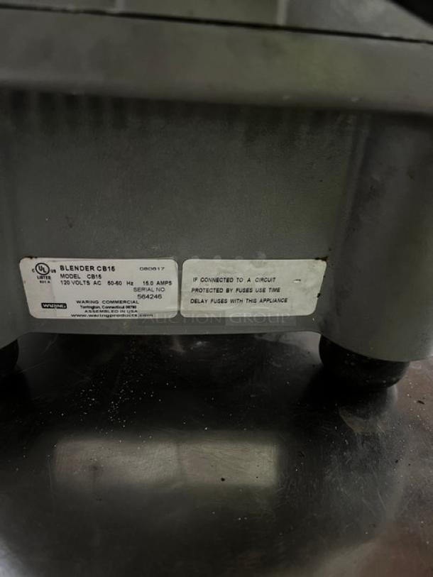 Waring Commercial CB15 blender with stainless steel container, 1-gal capacity, model CB15, SN: 564246, 120V, on legs.