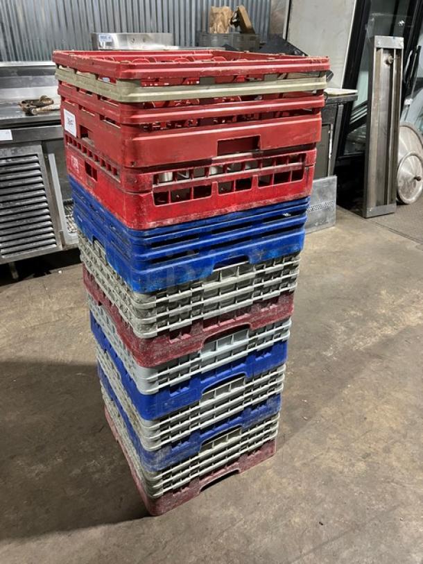 Stack of commercial dish/cup racks with extenders, assorted colors. Includes glassware. Good condition. 7X auction bid value.