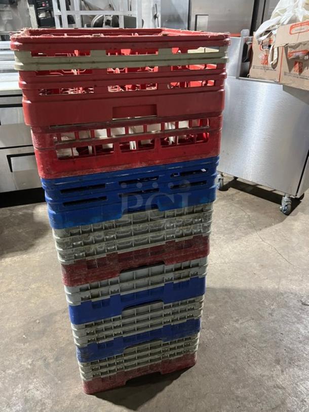 Commercial dish/cup rack with extenders, assorted colors, stacked vertically. Includes assorted glassware. Used condition.
