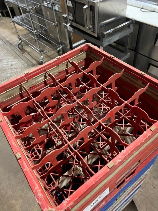 Commercial dish/cup rack with extenders, red plastic, holds assorted glassware. Used condition. Auction: 7X your bid.