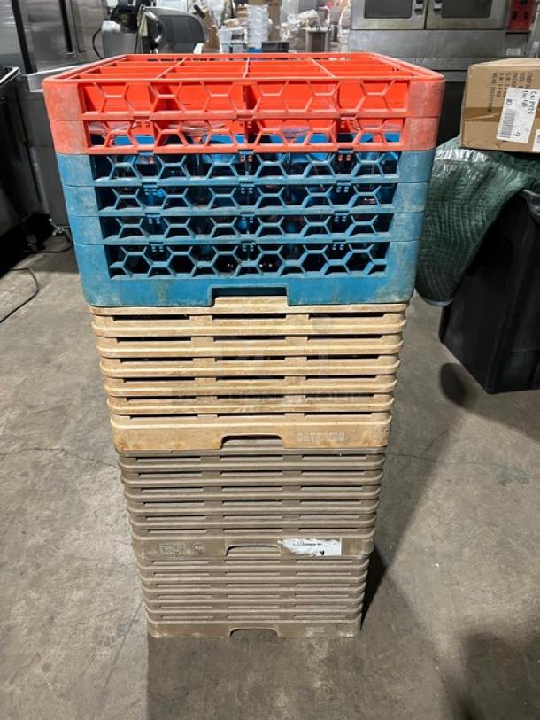 Commercial dish and cup rack with extenders and assorted glassware. Stack of colorful racks in good condition.