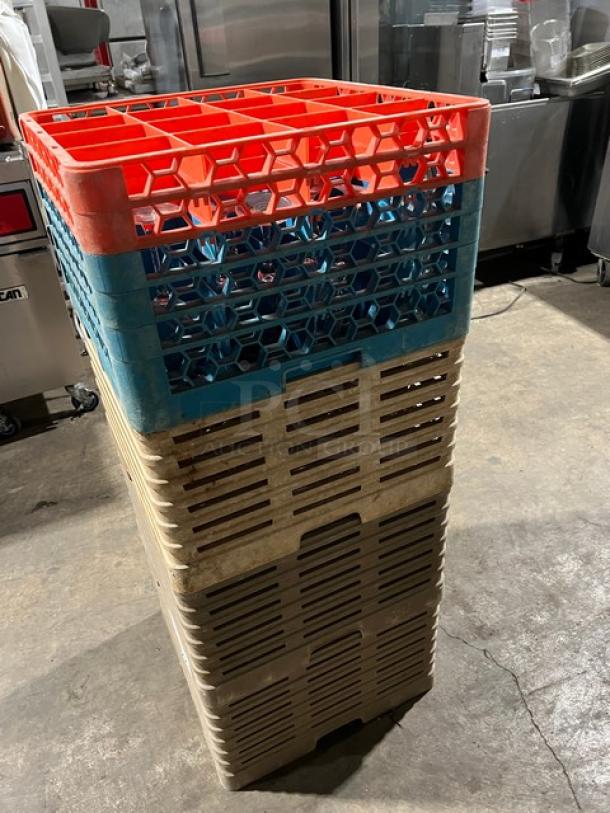 Commercial dish and cup racks with extenders, assorted colors. Includes assorted glassware. Stacked and ready for use.