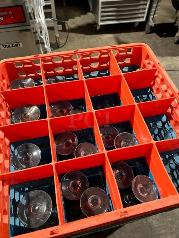 Commercial dish/cup rack with extenders, red plastic grid, holding assorted glassware, auction item multiplier of 4x bid.