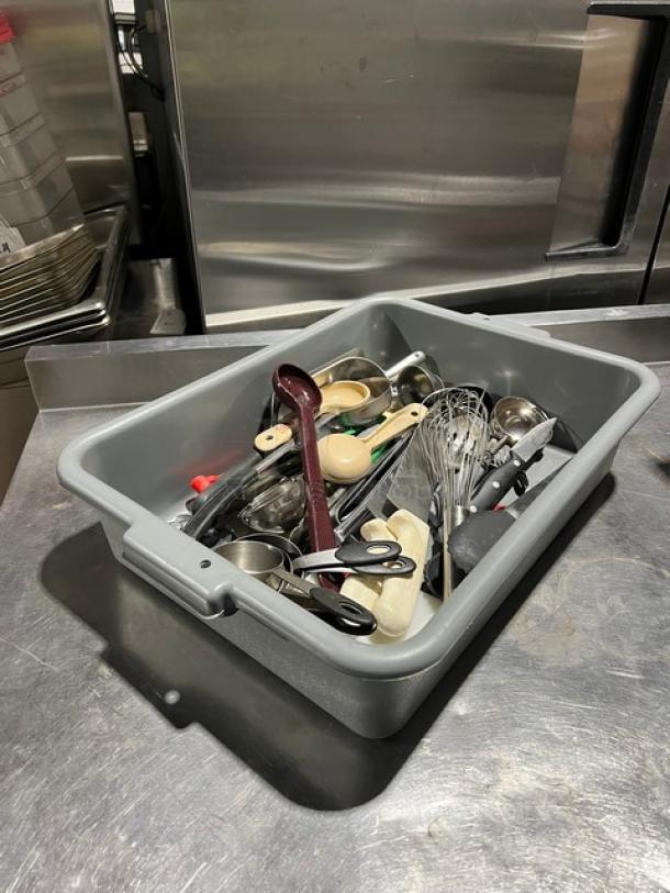Tray of assorted kitchen utensils, including spoons, whisks, and scissors. Mixed condition, sold as one lot.