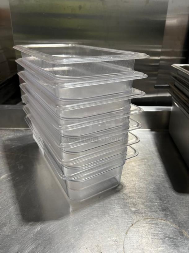 Carlisle 30661 clear polycarbonate 1/3-size 4" deep food pans, stack of 7, used, excellent condition.