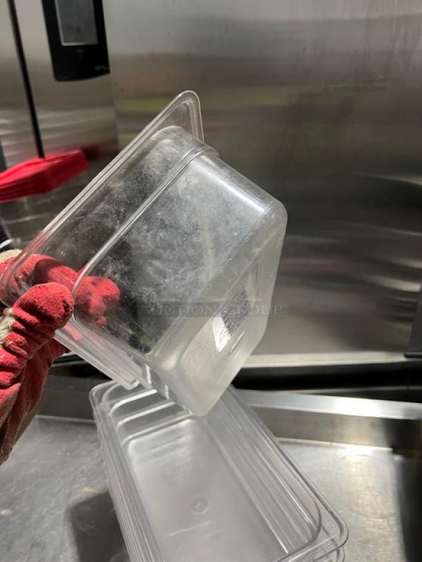 Clear Carlisle polycarbonate food pan, 1/3-size, 4" deep, model 30661. Visible label, excellent condition.