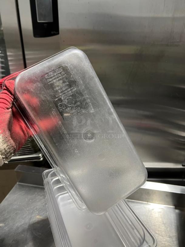 Carlisle Commercial clear polycarbonate food pan, 1/3-size, 4" deep, Model 30661. Visible product label. Excellent condition.