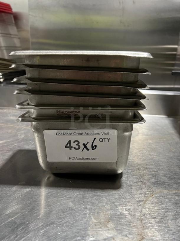 Vollrath Super Pan V, 1/9-size, 4" deep, stainless steel hotel pan, Model 30942. Stack of six, "43x6 QTY" label visible.