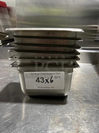 Vollrath Super Pan V, 1/9-size, 4" deep, stainless steel hotel pan, Model 30942. Stack of six, "43x6 QTY" label visible.