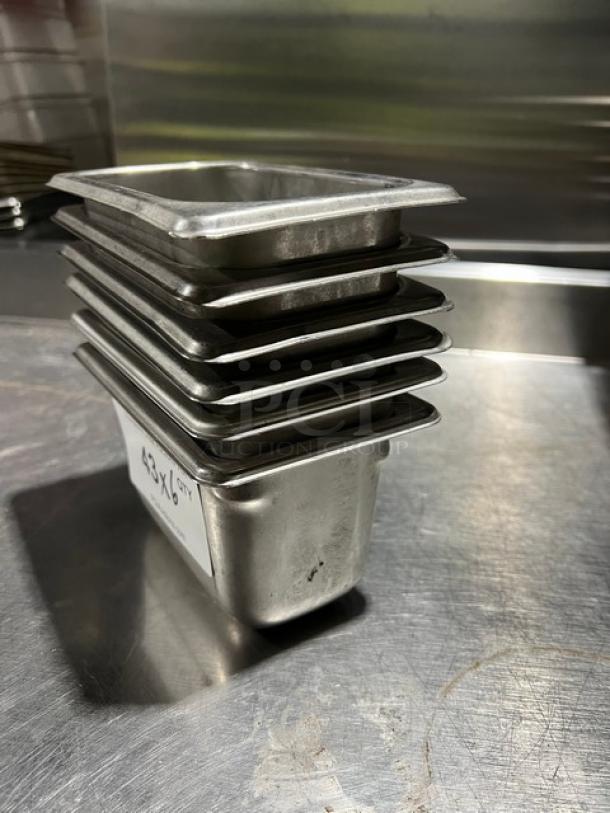 Vollrath Super Pan V Series, 1/9-Size, 4" deep, stainless steel hotel pan, Model 30942, stack of six, commercial-grade.