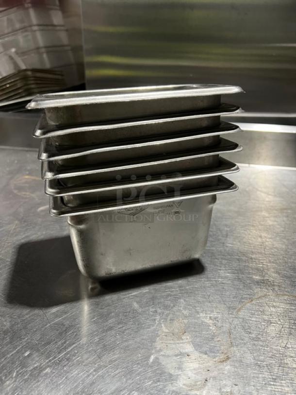 Vollrath Super Pan V Series, Model 30942, 1/9-size 4" deep stainless steel hotel pan, stacked view, excellent condition.