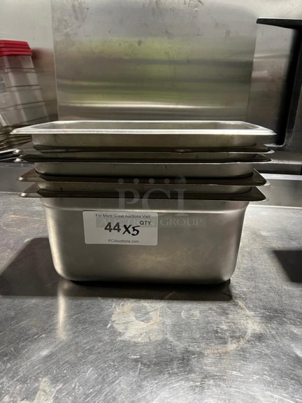 Winco SPJP-306 stainless steel 1/3-size 6" deep hotel pans. Includes five pans. Tag shows "44X5 QTY".