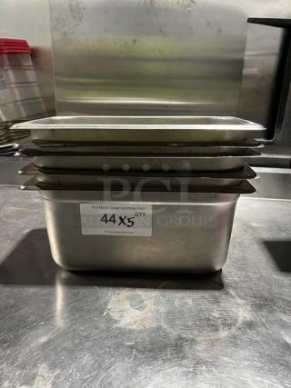 Winco SPJP-306 stainless steel 1/3-size 6" deep hotel pans. Includes five pans. Tag shows "44X5 QTY".