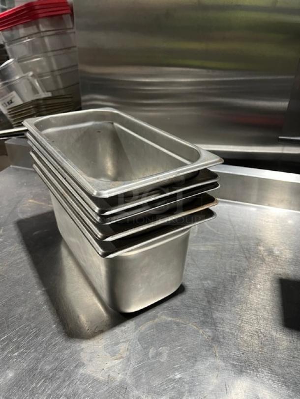 Winco Commercial Stainless Steel 1/3-Size 6" Deep Hotel/Steamtable Pan, Model SPJP306, stack of five, excellent condition.