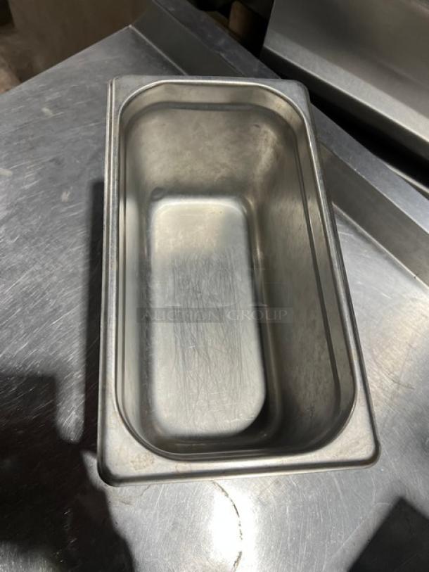 Winco SPJP306 stainless steel 1/3-size hotel pan, 6" deep, commercial-grade, lightly used condition, ideal for steam tables.
