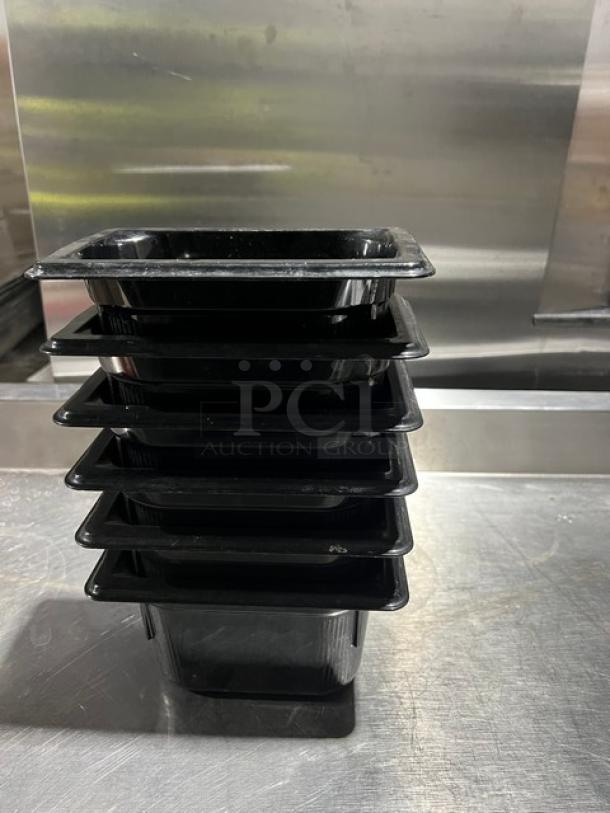 Vollrath Super Pan 3 Series 1/9-size 4" deep black food pans, Model 90944, stack of 6, excellent condition.