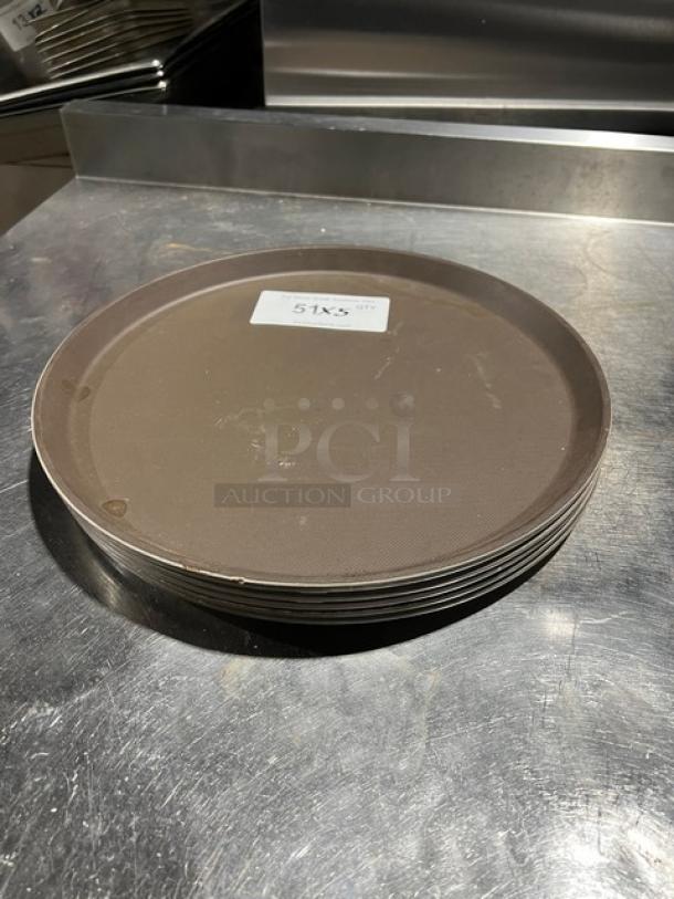 Cambro commercial brown round serving tray stack, used condition, shows wear. Label reads "5X Your Bid."